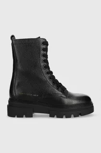 Botki damskie - Tommy Hilfiger workery skórzane Monochromatic Lace Up Boot damskie kolor czarny na płaskim obcasie - grafika 1