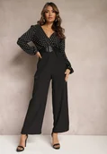Kombinezony - Czarny Kombinezon z Szeroką Nogawką i Kopertowym Dekoltem Dodatkowo Pasek Klerda - miniaturka - grafika 1
