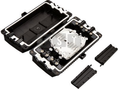 Mufa światłowodowa płaska przelotowa do 24 spawów KOMPLETNA w pełni wyposażona: tacki spawów, oslonki spawow, elementy montażowe, oslonki termokurczliwe ALANTEC