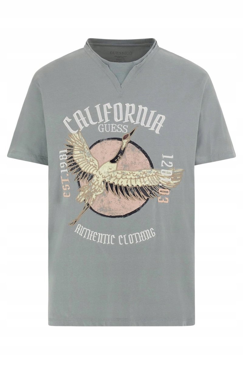 GUESS NIEBIESKI T SHIRT MĘSKI Z NADRUKIEM I DEKOLTEM OKRĄGŁYM L GŁA