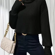 Swetry damskie - TEMU Elegancka damska bluzka z długim rękawem i wysokim dekoltem - Jednolity , prążkowana tekstura, swobodny i elegancki styl, idealna na jesień i - miniaturka - grafika 1