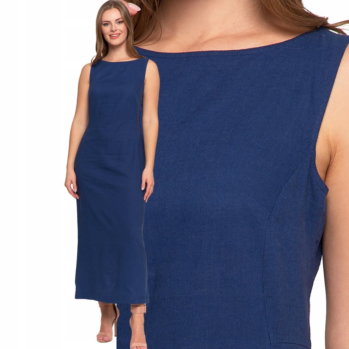 SUKIENKA DAMSKA DŁUGA DOPASOWANA LNIANA Z ROZCIĘCIEM ELEGANCKA MORAJ L NAVY