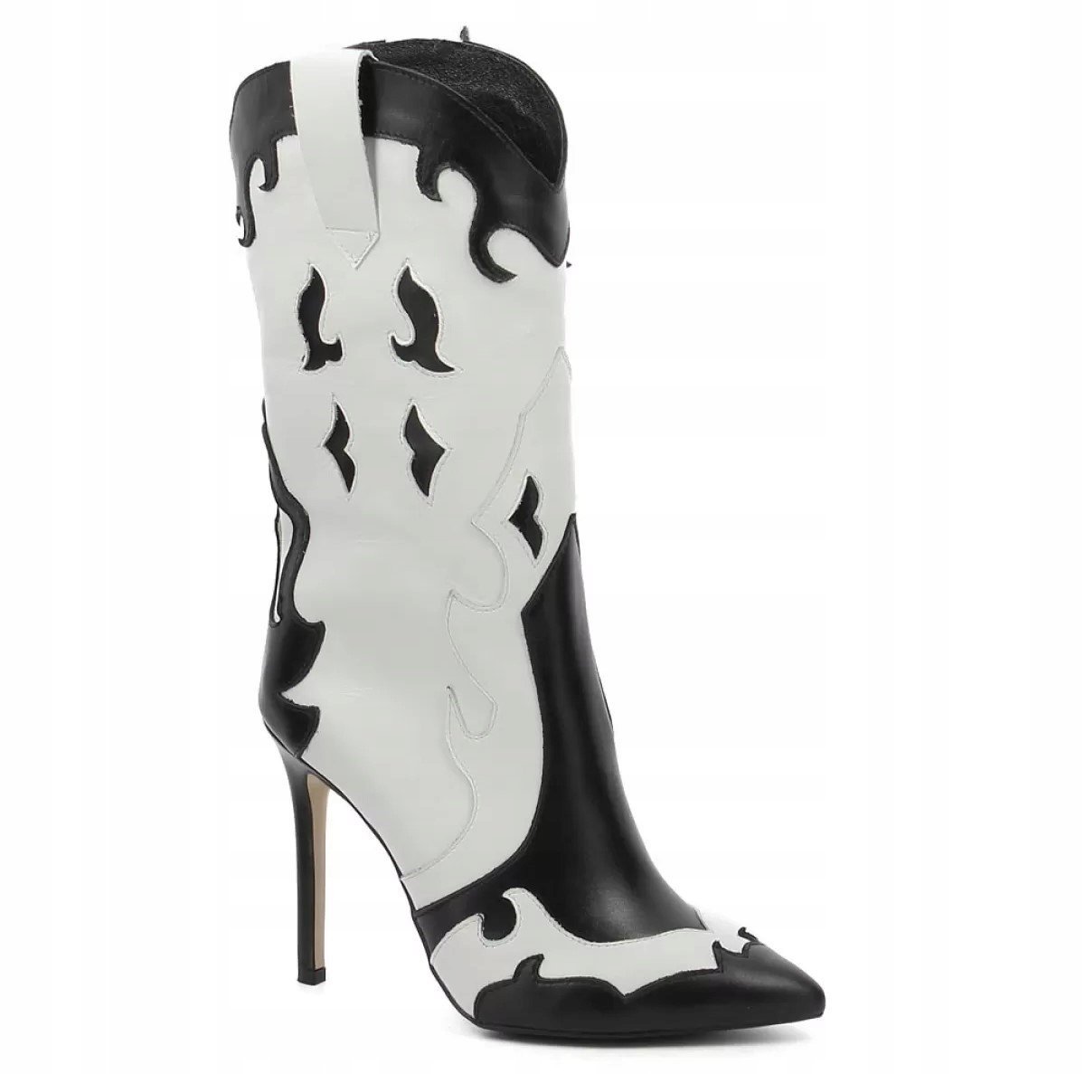 BIAŁO-CZARNE SKÓRZANE BOTKI KOWBOJKI NA SZPILCE CARINII B9360-E50-L46 R.37