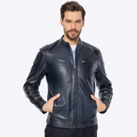Kurtki męskie - Męska kurtka biker ze skóry owczej granatowa - miniaturka - grafika 1