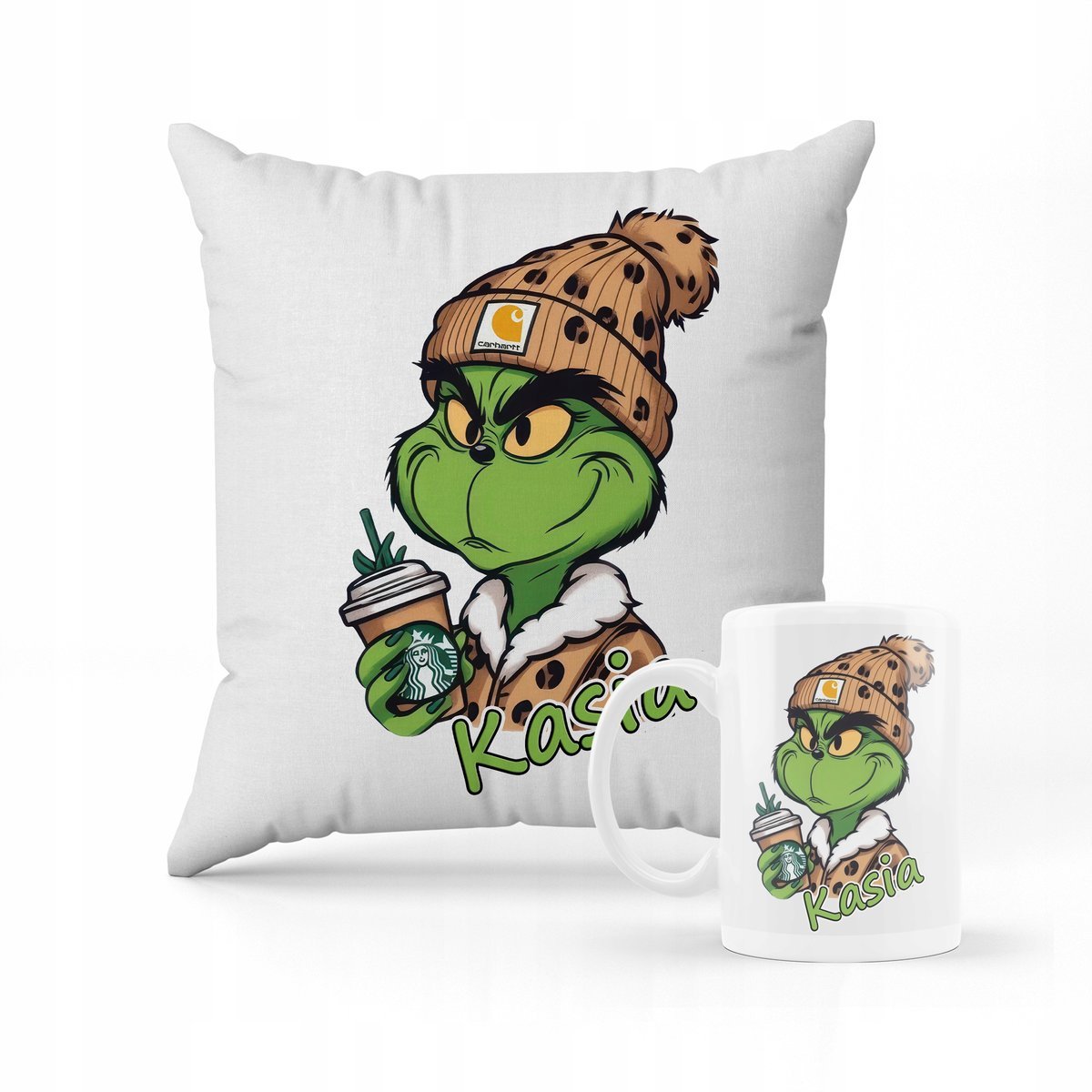 ZESTAW PODUSZKA + KUBEK Grinch święta + IMIĘ 2