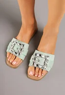 Klapki i japonki damskie - Zielone Klapki Ozdobione Metaliczną Klamrą Amolune - miniaturka - grafika 1