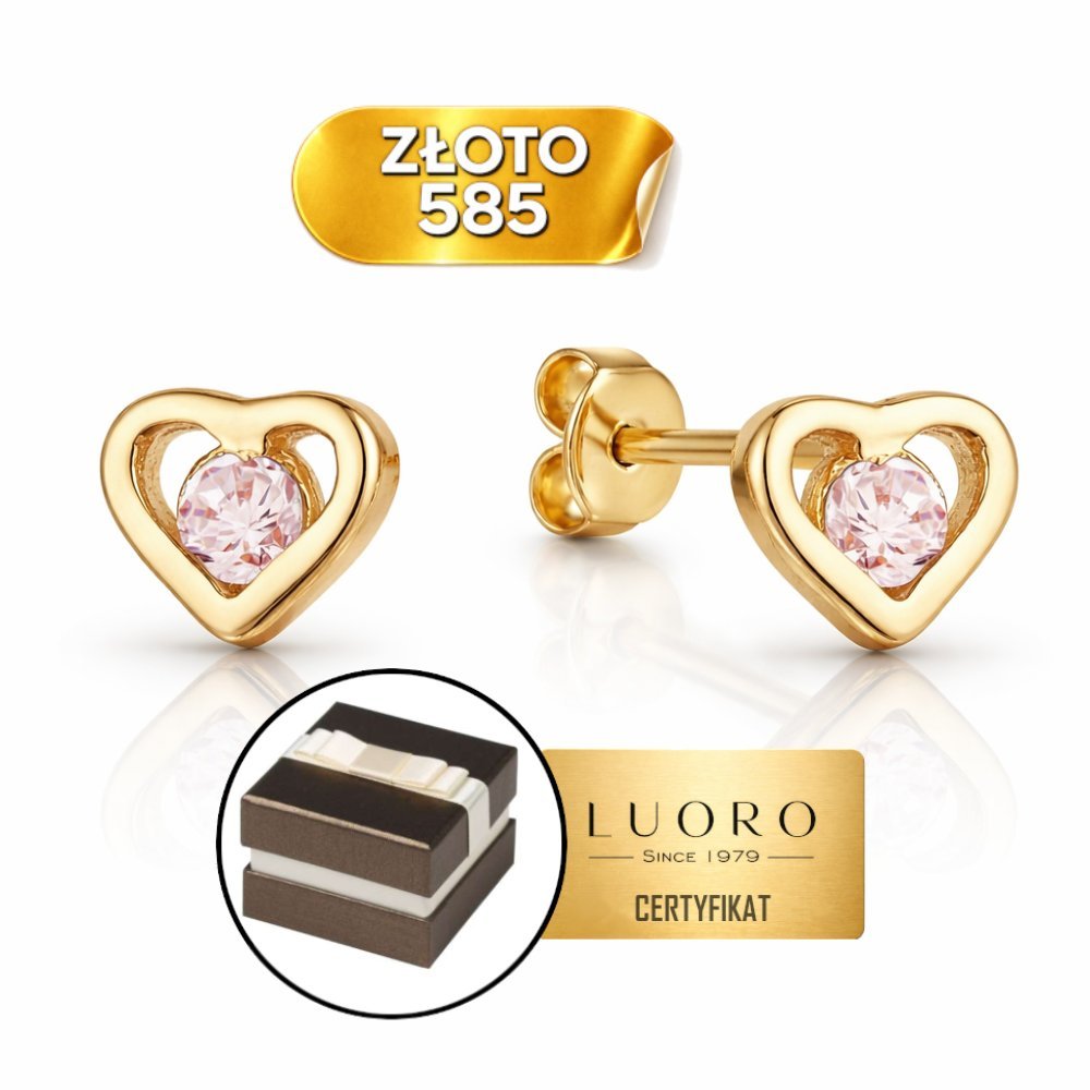 KOLCZYKI ZŁOTE 585 14K SERCA Z RÓŻOWĄ CYRKONIĄ SZTYFT 4 MM ELEGANCKIE