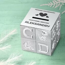 Skarbonka posrebrzana klocek z grawerem dla dziewczynki - Pamiątka Pierwszej Komunii Świętej - miniaturka - grafika 1