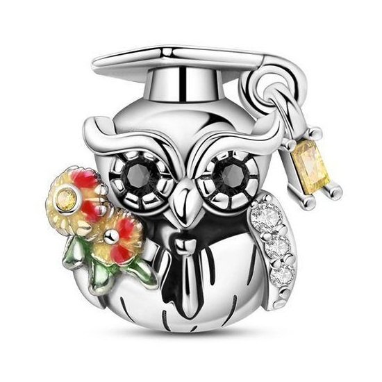 Zawieszka Charms SREBRO 925 Koralik Sowa z czapką absolwenta Biret i Kwiaty