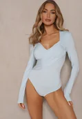 Body - Jasnoniebieskie Eleganckie Body Longsleeve z Ozdobnym Marszczeniem Zimanya - miniaturka - grafika 1