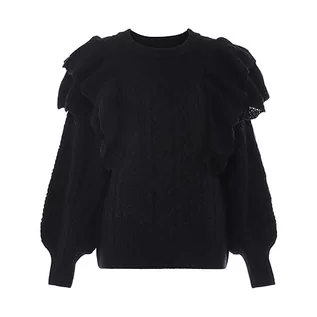 Swetry damskie - Aleva Damski sweter z dzianiny z okrągłym dekoltem i rękawami balonowymi i falbankami, czarny, rozmiar XL/XXL, czarny, XL - grafika 1