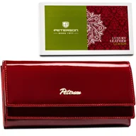 Portfele - Duża czerwona portmonetka damska na zatrzask i bigiel PETERSON lakierowana skóra naturalna rozbudowany portfel na karty i gotówkę złote okucia elega.. - miniaturka - grafika 1