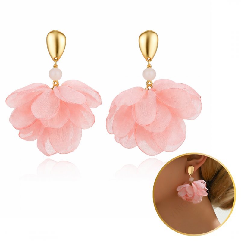 Kolczyki Wiszące Efektowne Tiulowe Z Kryształkami Róż Złote Sztyft