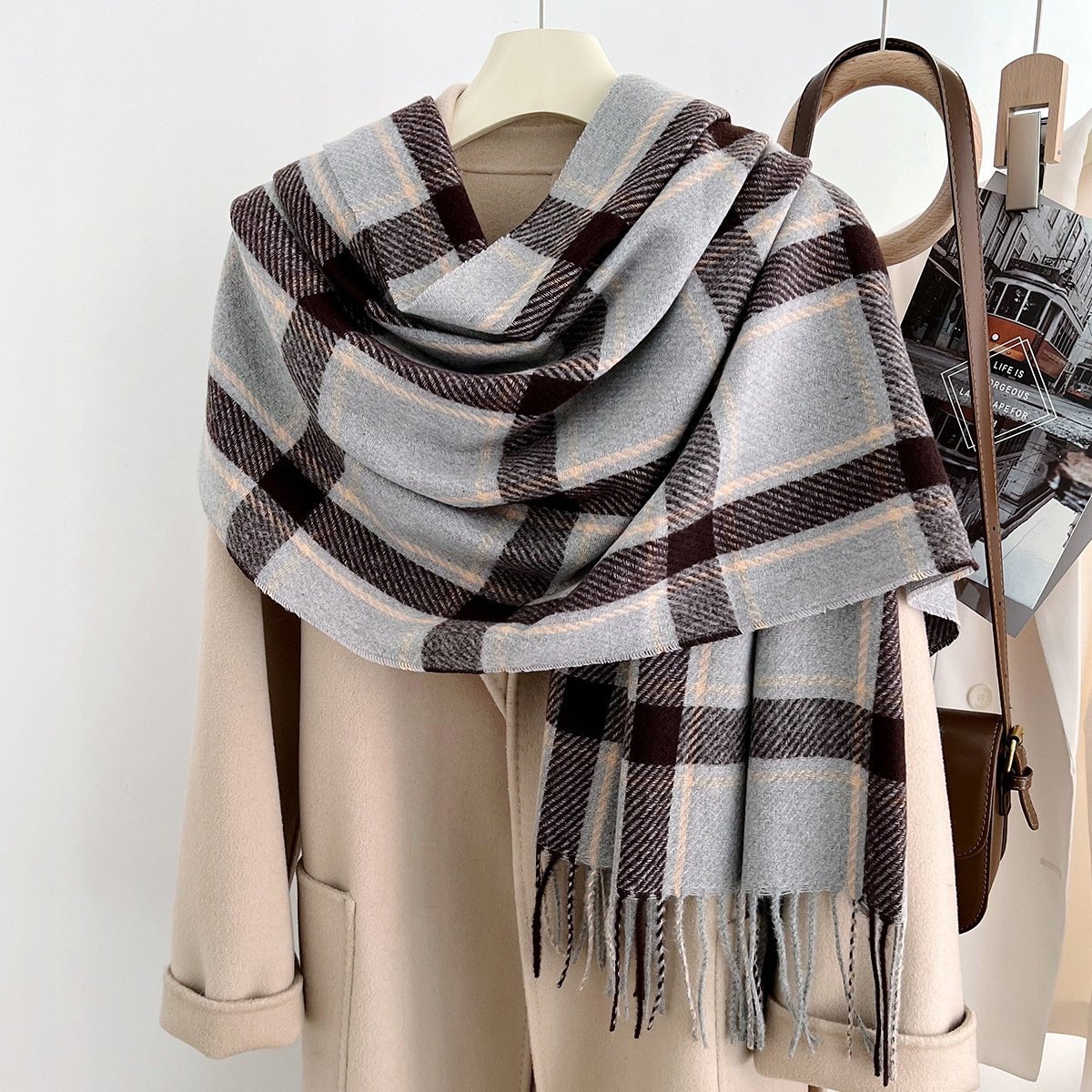 elegancki damski SZAL na zimę ciepły SZALIK szykowny 200x66 wielokolorowy