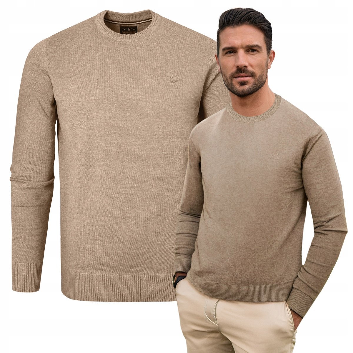 SWETER Męski Klasyczny Jednokolorowy Gładki Basic BEŻOWY L Pako Jeans