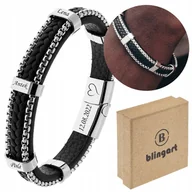 Bransolety męskie - BLINGART Bransoletka skórzana męska ŁAŃCUSZEK wstawki blaszki grawer - miniaturka - grafika 1