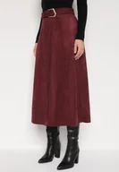 Spódnice - Bordowa Rozkloszowana Wiskozowa Spódnica z Bawełną Ozdobiona Paskiem Nawedea - miniaturka - grafika 1