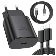 Ładowarki do telefonów - Ładowarka Sieciowa Oryginalna Samsung USB-C 25W + Kabel USB-C 1.8 m, Super Fast Charge, Szybkie Ładowanie, Zestaw Premium – Czarna - miniaturka - grafika 1