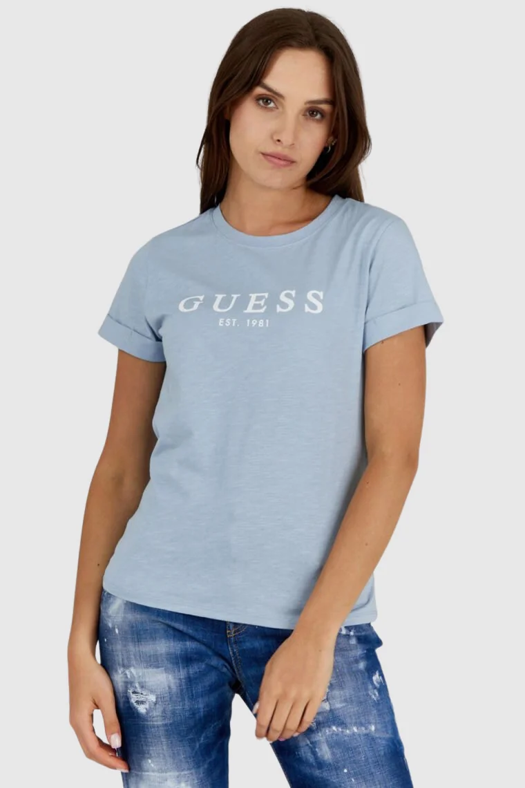GUESS Błękitny t-shirt damski bawełniany z białym logo XS