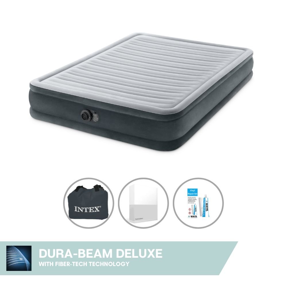 Dmuchane łóżko Intex - 2 osoby - 152 x 203 x 33 cm - Szare - Z wbudowaną pompką + prześcieradło białe + zestaw naprawczy