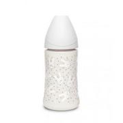 Butelki dla niemowląt - Suavinex Butelka Premium 270ml smoczek okrągły silikonowy 3 przepływowy Królik Szary Hygge Baby - miniaturka - grafika 1
