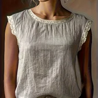 Koszule damskie - TEMU Damski 'owy Bezrękawnik z Koronkowym Wykończeniem - Krótki Okrągły Dekolt, Oddychająca Letnia Koszulka, Elegancki Top na Wakacje, Jednokolorowa - miniaturka - grafika 1