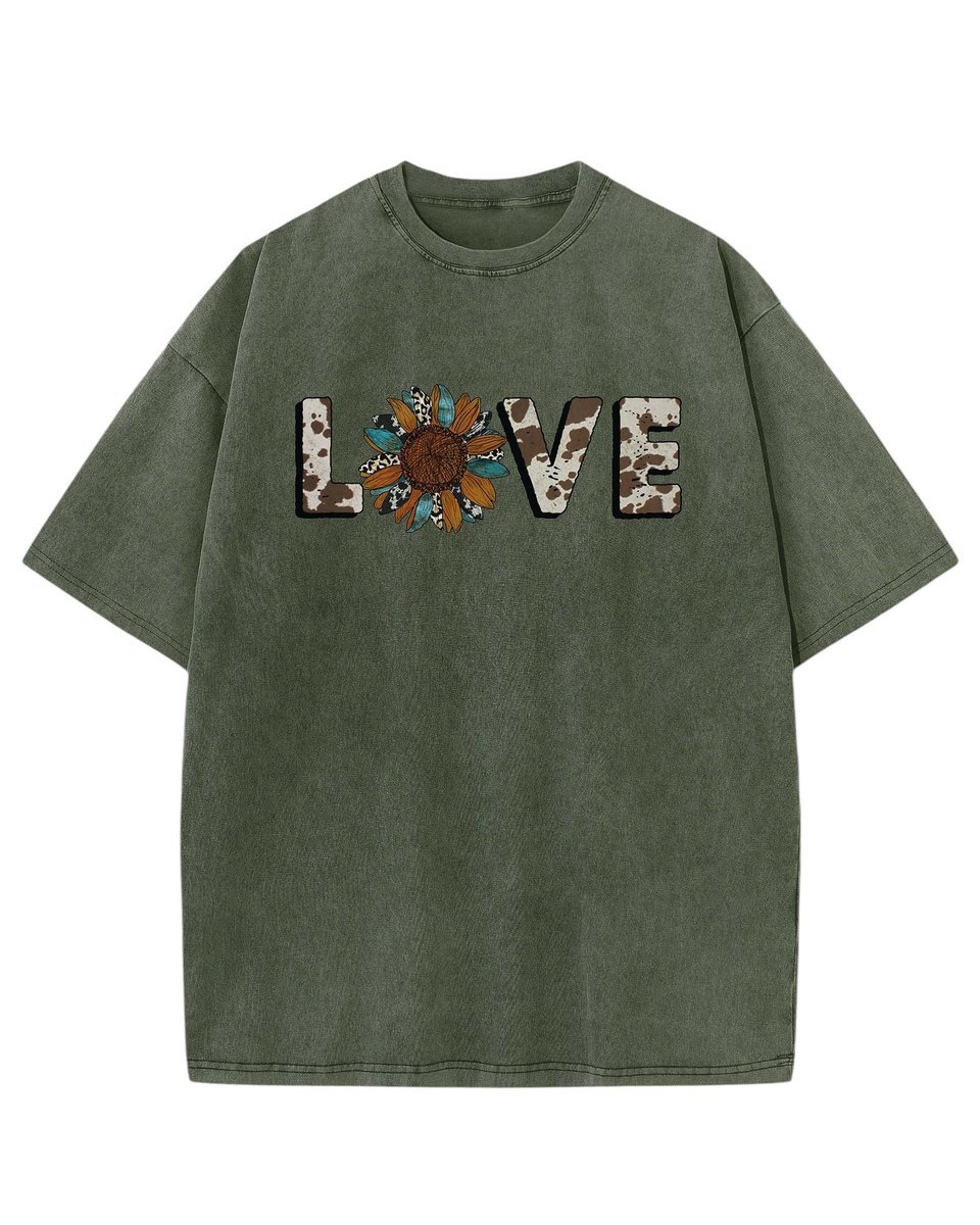 Damska koszulka oversize efekt sprania Miłość Love Kwiaty Khaki XXL