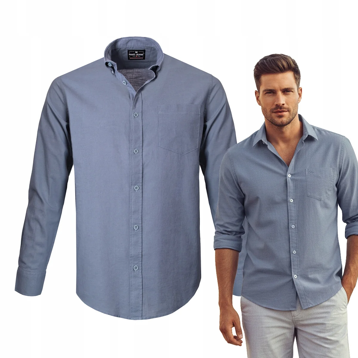 KOSZULA Męska z Długim Rękawem SERRAT Stalowa LNIANA Regular Fit Pako Jeans KOSZULA Męska z Długim Rękawem Stalowa LNIANA Regular Fit Pako Jeans