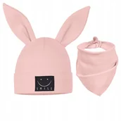 Czapki damskie - Komplet dziecięcy CZAPKA + CHUSTKA RÓŻ 44-48 BAWEŁNA 95% USZY KRÓLIKA - miniaturka - grafika 1