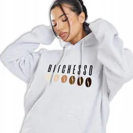 Bluzy damskie - Wygodna Dresowa Bluza Damska Szara Z Kapturem Bitchesso Napisy Wzory - L - miniaturka - grafika 1