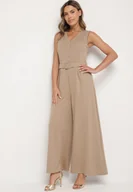 Kombinezony - Ciemnobeżowy Taliowany Kombinezon z Wiskozą Ozdobiony Paskiem Ralinelle - miniaturka - grafika 1