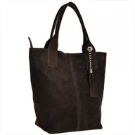 Torebki damskie - Torba worek zamszowa z podszewką i zamkiem brąz czekolada - miniaturka - grafika 1