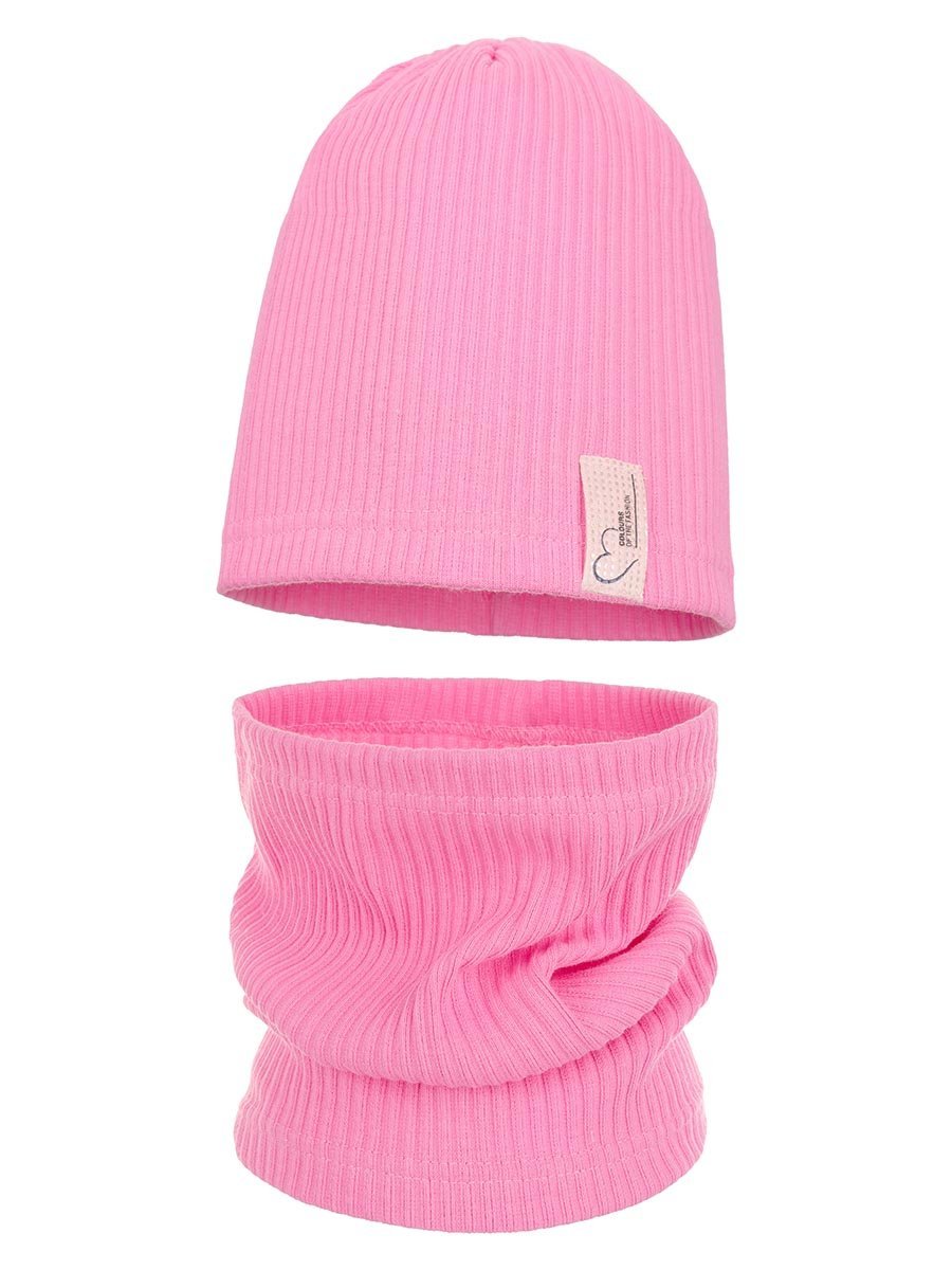 Dziewczęca komplet czapka i komin w prążki różowy Ambra r.50/54