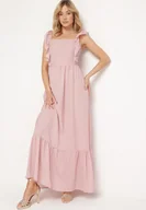 Sukienki - Różowa Sukienka na Ramiączkach z Falbankami i Gumką w Talii z Wiązaniem na Plecach Tiolla - miniaturka - grafika 1