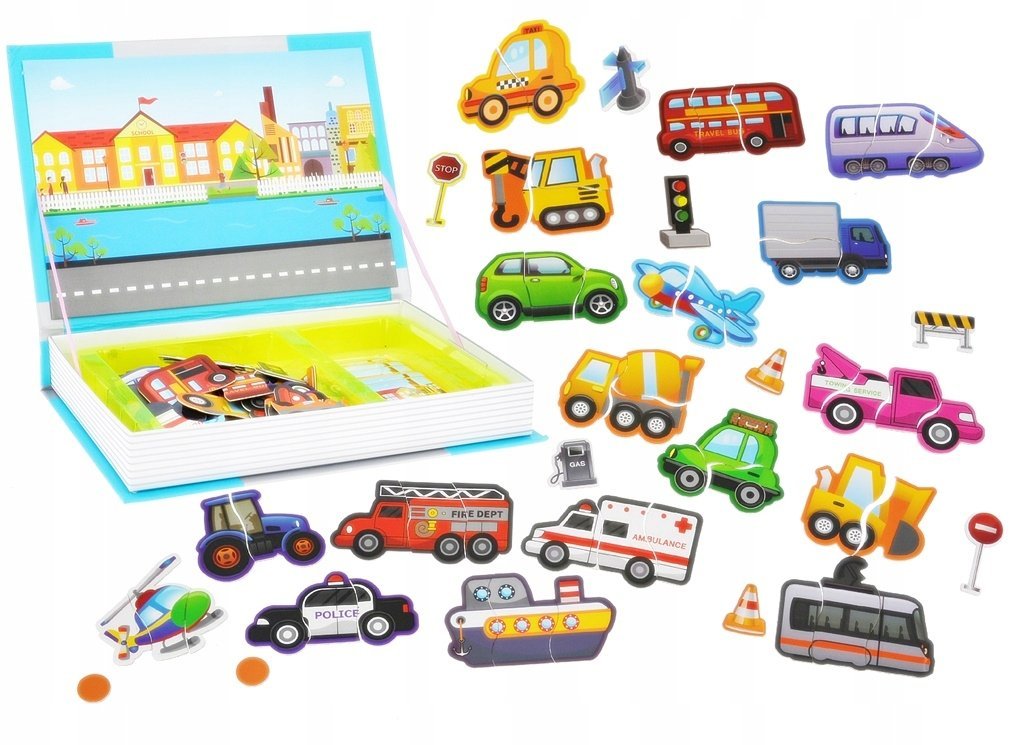 Książka z puzzlami magnetycznymi - Układanka Pojazdy w Mieście