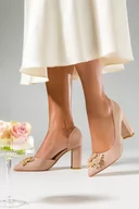 Czółenka - Beżowe czółenka z kwiatami damskie na słupku z wycięciem skórzana wkładka Casu D24X14-BE-36 - miniaturka - grafika 1