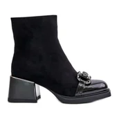 Botki damskie - S.Barski Eleganckie Botki Damskie Na Obcasie Z Ozdobą Czarne MR880-127 - miniaturka - grafika 1