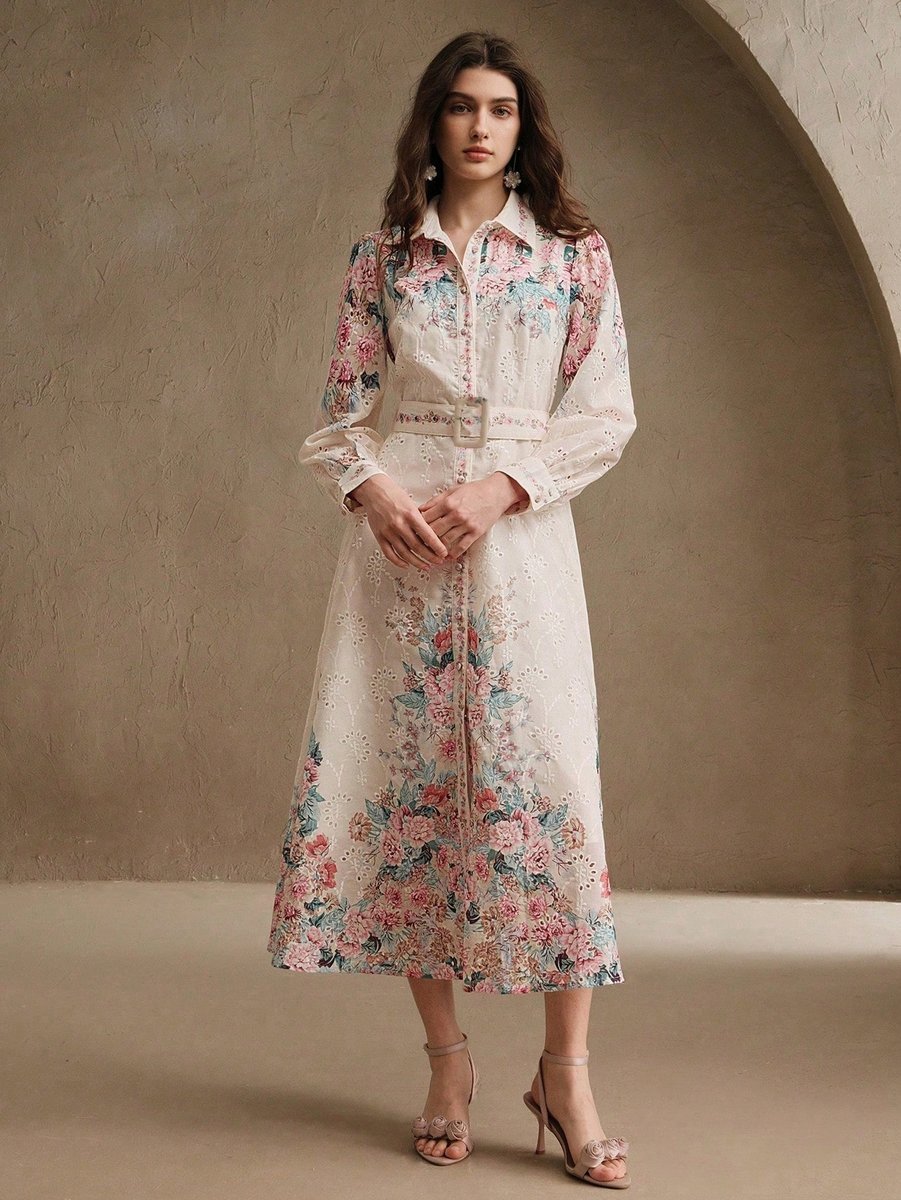 SHEIN ELEGANCKA SUKIENKA MIDI Z KWIATOWYM NADRUKIEM I HAFTEM 40/42 1MA