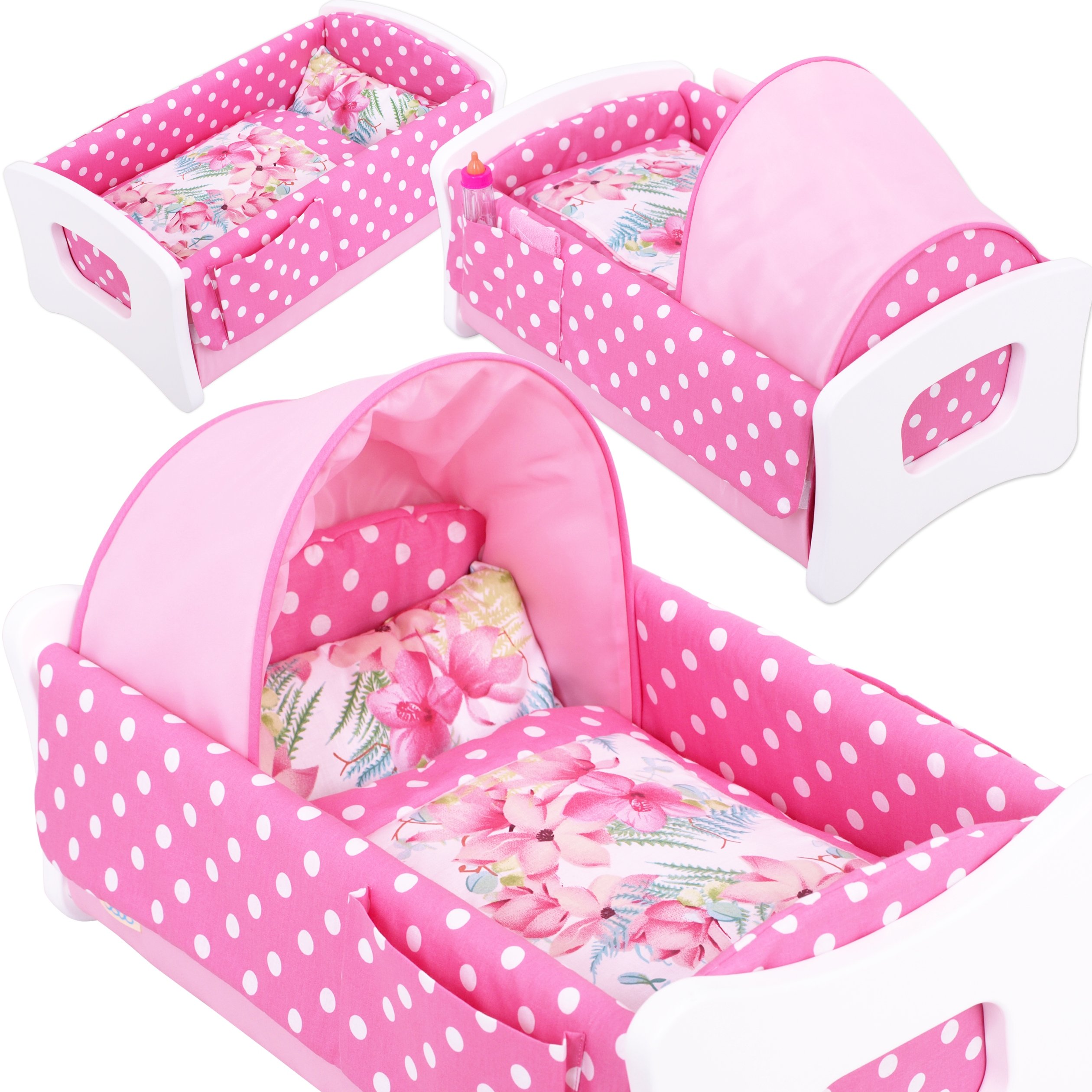 Łóżeczko białe Bobo kołyska dla lalki z budką pościel z aplikacją