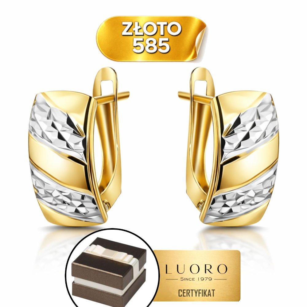 KOLCZYKI ZŁOTE 585 14K PROSTOKĄT DIAMENTOWANE ANGIELSKIE ZAPIĘCIE 1,3 CM