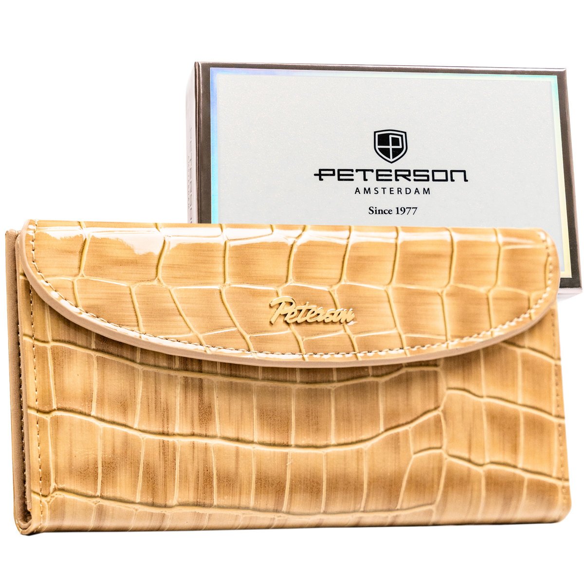 Portfel damski slim PETERSON duży lakierowany rozbudowany na karty modny elegancki bezowy