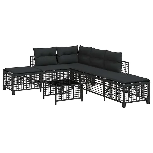 Zestaw Wypoczynkowy z Rattanu PE, Sofa Narożna 3-osobowa, Stół, Czarny
