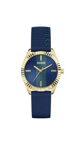 Guess Crew damski zegarek 36 mm stal nierdzewna – kwarcowy analogowy zegarek na rękę silikonowy pasek niebieski, modny zegarek damski niebieski złoty, 5 bar GW1044L2