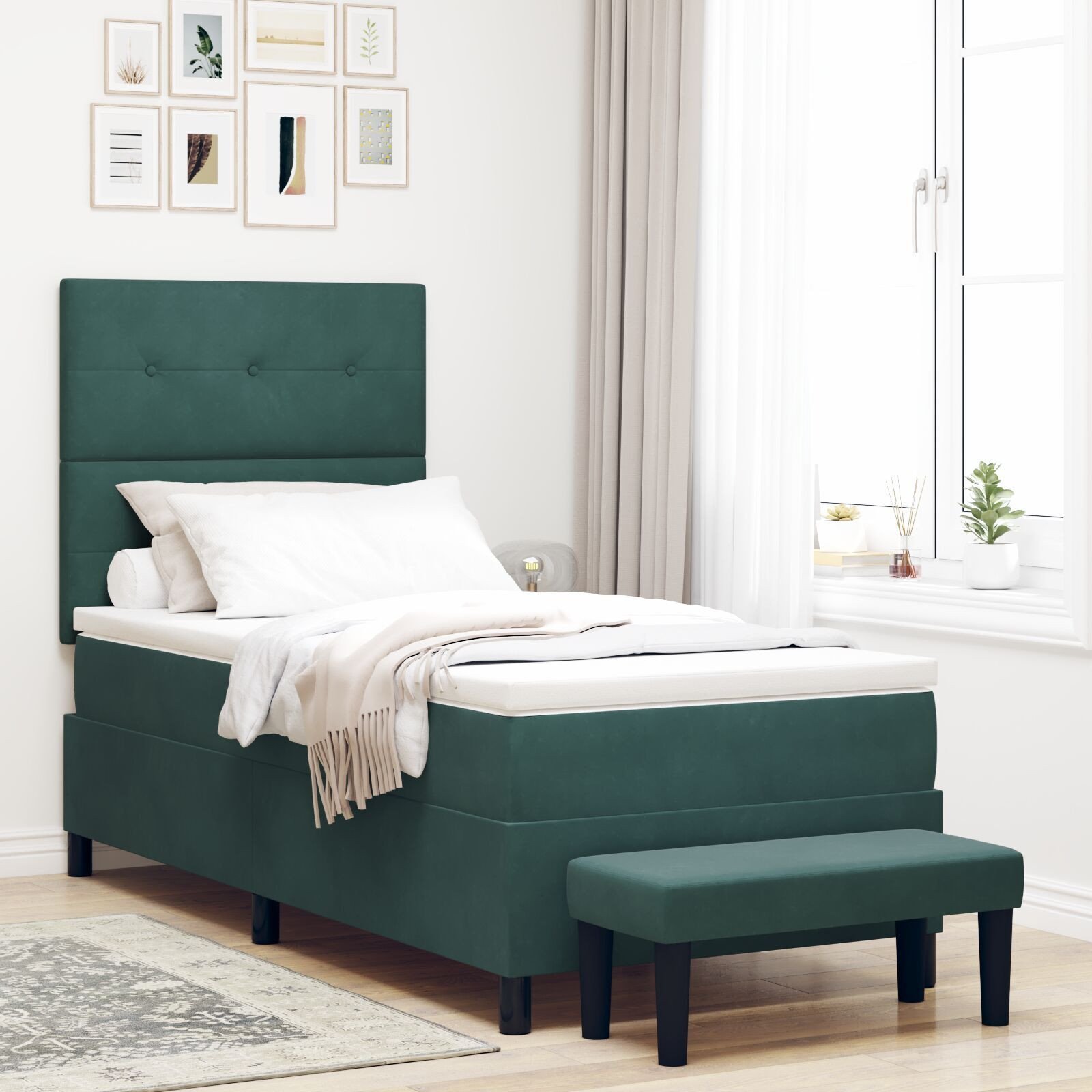 vidaXL Łóżko Box Spring z materacem i ławką Ciemnozielone 90x200 cm Aksamit