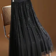 Spódnice - TEMU Elegancka spódnica midi z tiulu z cekinami - Wysoki stan, wyszczuplająca dzianina poliestrowa, jednolity wzór, długa, rozkloszowana spódnica dla - miniaturka - grafika 1