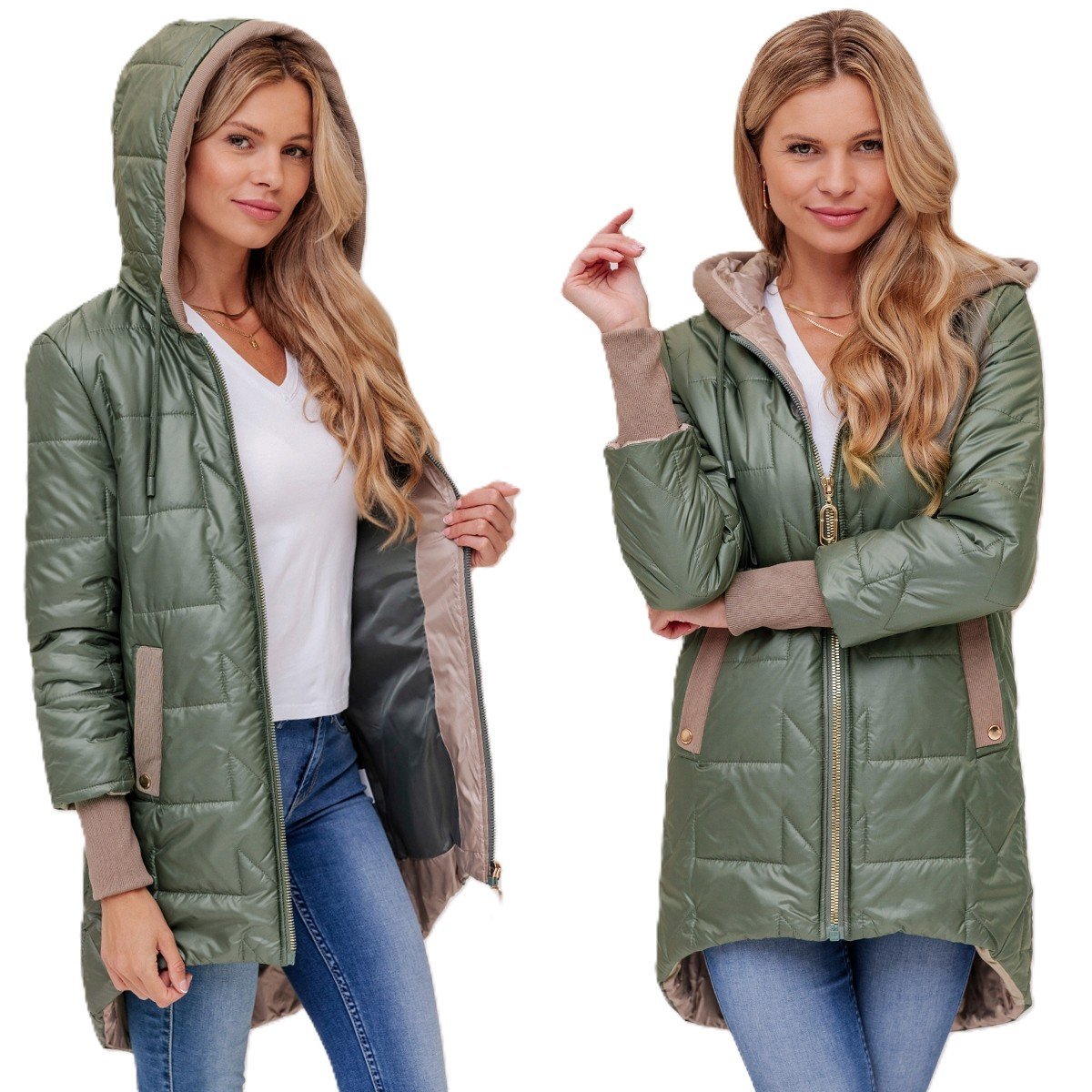 ASYMETRYCZNA JESIENNA PRZEJŚCIOWA KURTKA DAMSKA Z KAPTUREM LEKKA M