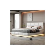 Łóżka dla dzieci i młodzieży - Łóżko tapicerowane 180x200 cm z oświetleniem LED i wbudowanym schowkiem, łóżko małżeńskie, łóżko dziecięce, białe - miniaturka - grafika 1