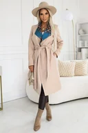 Płaszcze damskie - C-1 Polski wygodny płaszcz z kolorową wstawką przy kołnierzu - beżowy - miniaturka - grafika 1