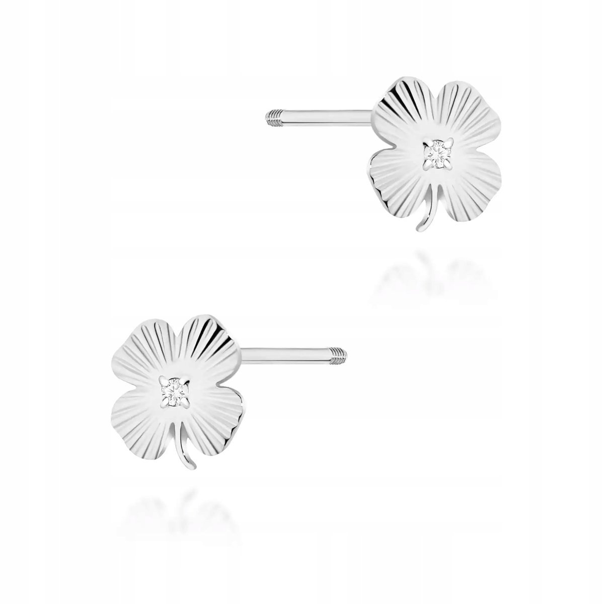 Złote kolczyki 585 sztyfty zakręcane diament 0,005ct białe złoto stylowe