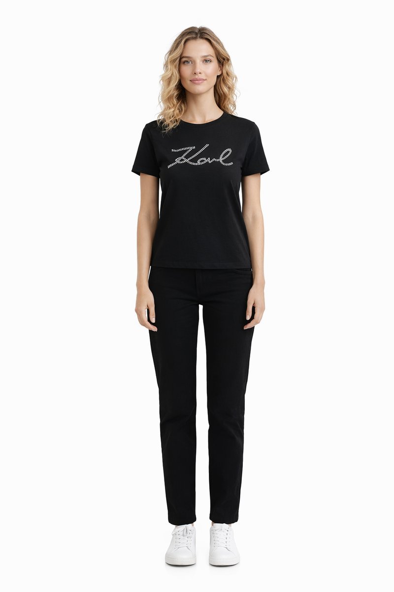 KARL LAGERFELD CZARNY T-SHIRT Z CEKINOWYM NAPISEM KARL DAMSKI S 1I3A